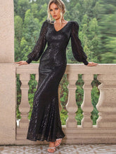 Sequin V-Neck Lantern Sleeve Maxi Dress Black OutfitFlow